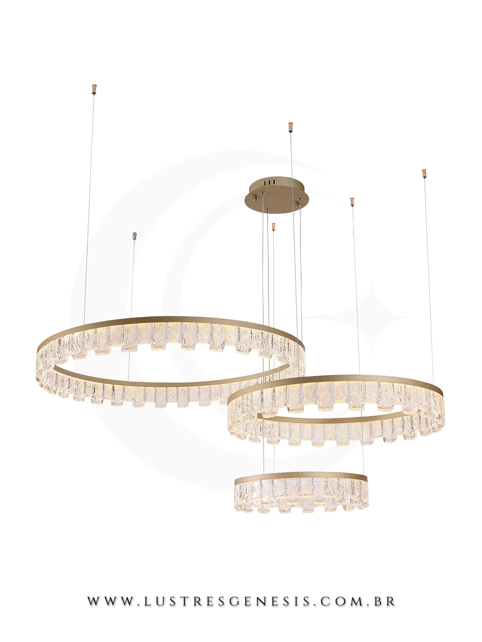 Lustre Alian&ccedil;a 3 An&eacute;is Dourado Fosco P&eacute; Direito Duplo LED para Sala de Jantar e Sala de Estar  